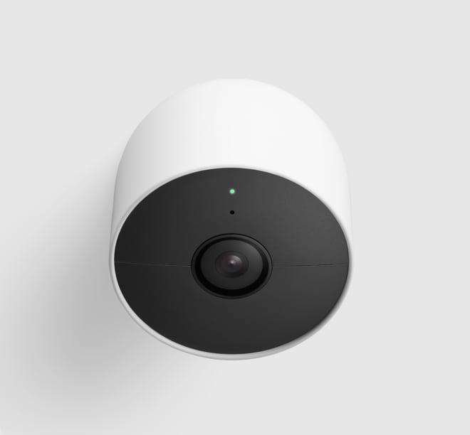 Google Nest Cam (outside or indoor, battery) on a grey background